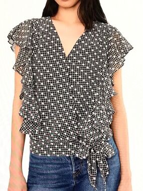 LIVERPOOL Short Ruffle Sleeve Draped Front Woven Blouse Size Small